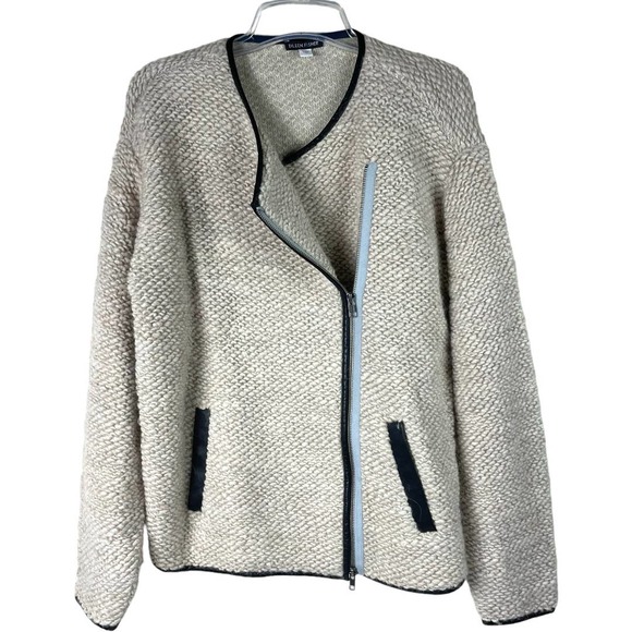 Eileen Fisher Oversized Thick Knit Leather Trim Cardigan...